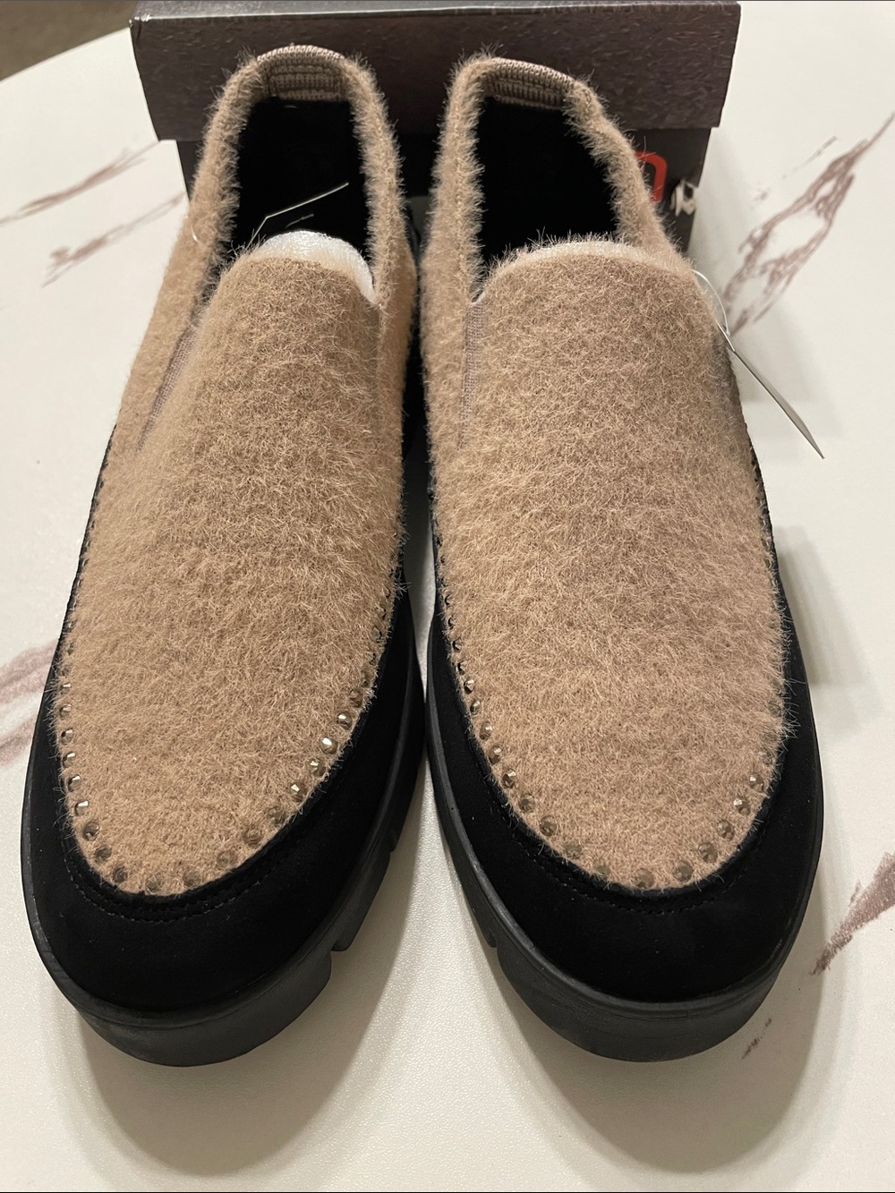 bernie mev. Tan Fuzzy Loafers with Black Sole